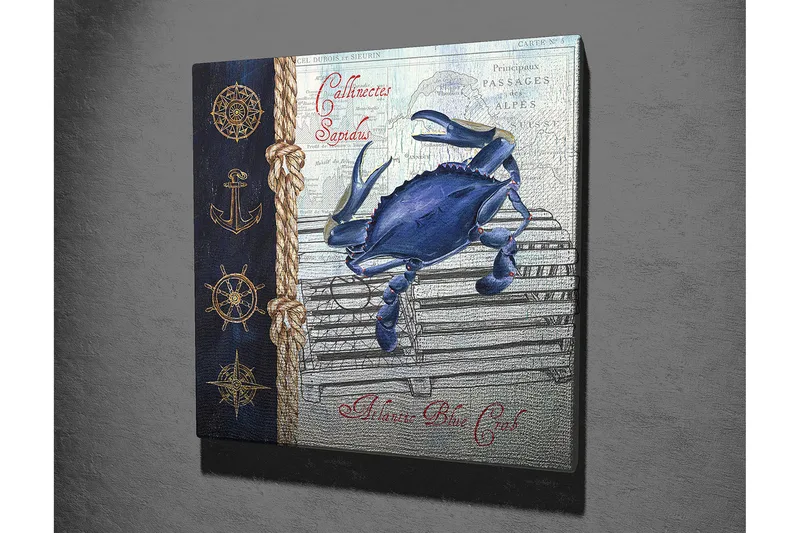 Canvastaulu 45x45 cm - Sininen rapu kalastushäkissä merellisillä yksityiskohdilla - Sininen / Beige / Tummansininen - Sisustustuotteet - Taulu & taide - Canvas-taulu