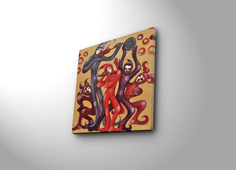 Canvastaulu 45x45 cm - Tanssivia hahmoja kirkkaanpunaisissa ja violeteissa sävyissä, Punainen / violetti