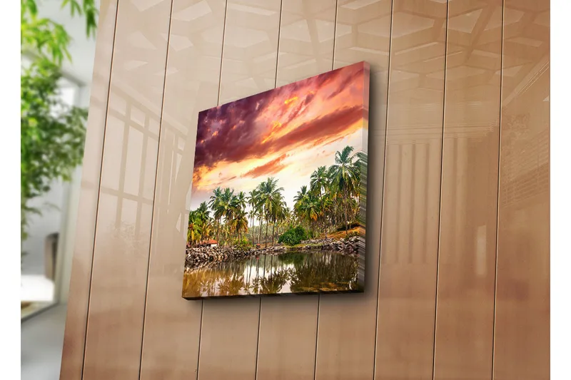 Canvastaulu 45x45 cm - Trooppinen maisema palmujen kanssa peilimäisen järven rannalla auringonlaskun valossa - Vihreä / Oranssi / Violetti - Sisustustuotteet - Taulu & taide - Canvas-taulu