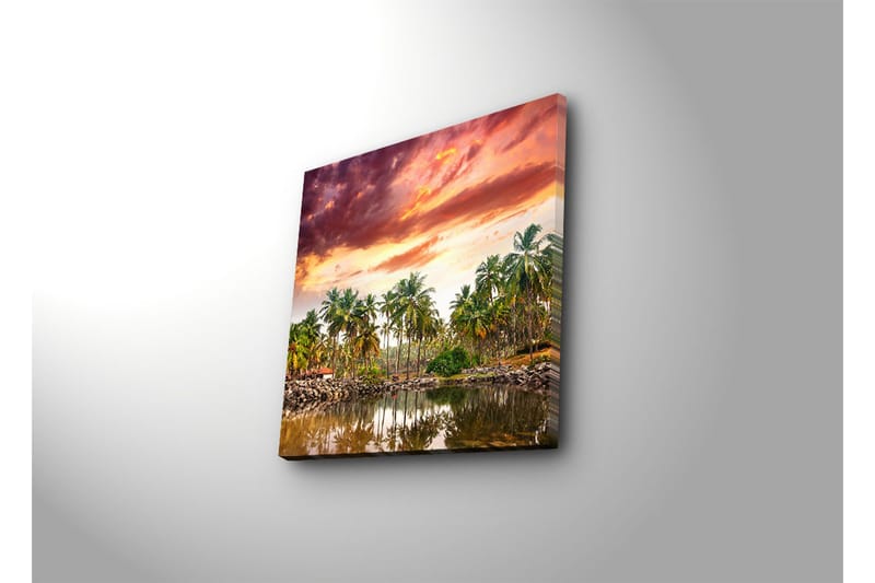 Canvastaulu 45x45 cm - Trooppinen maisema palmujen kanssa peilimäisen järven rannalla auringonlaskun valossa - Vihreä / Oranssi / Violetti - Sisustustuotteet - Taulu & taide - Canvas-taulu