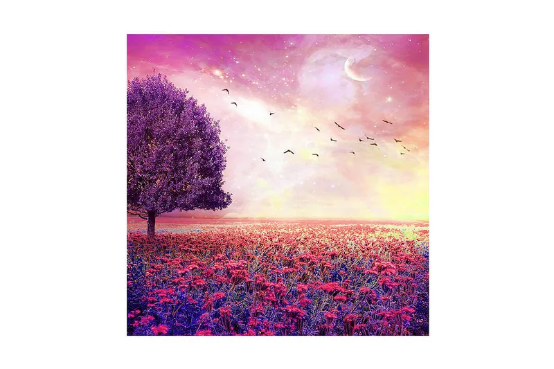 Canvastaulu 45x45 cm - Unelmamaisema violetilla puulla ja vaaleanpunaisilla kukilla, Violetti / Vaaleanpunainen / Sininen