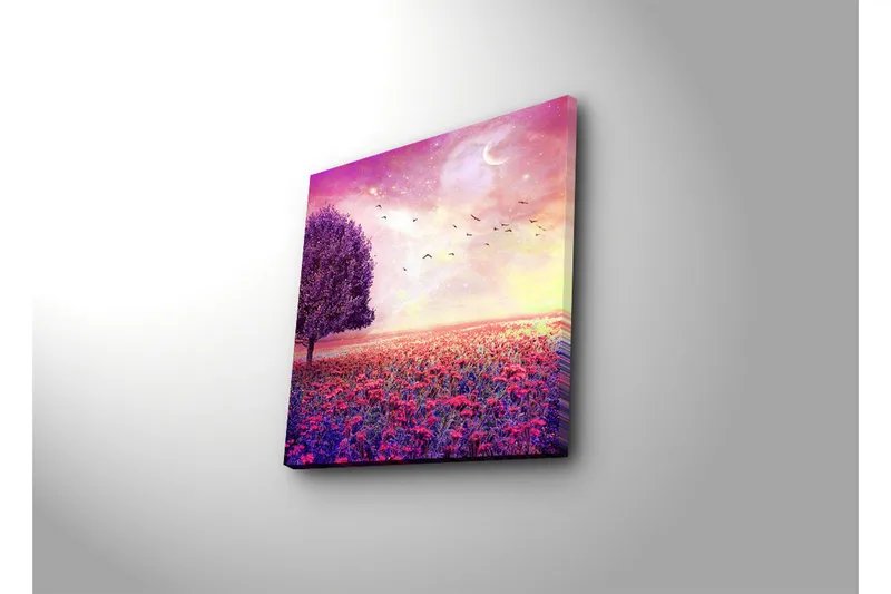 Canvastaulu 45x45 cm - Unelmamaisema violetilla puulla ja vaaleanpunaisilla kukilla - Violetti / Vaaleanpunainen / Sininen - Sisustustuotteet - Taulu & taide - Canvas-taulu