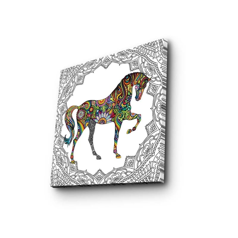 Canvastaulu 45x45 cm - Värikäs hevosaihe kuvioin ja yksityiskohdin, Punainen / Vihreä / Sininen