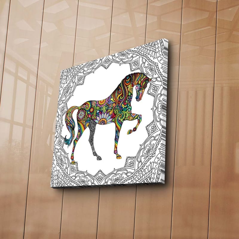 Canvastaulu 45x45 cm - Värikäs hevosaihe kuvioin ja yksityiskohdin - Punainen / Vihreä / Sininen - Sisustustuotteet - Taulu & taide - Canvas-taulu