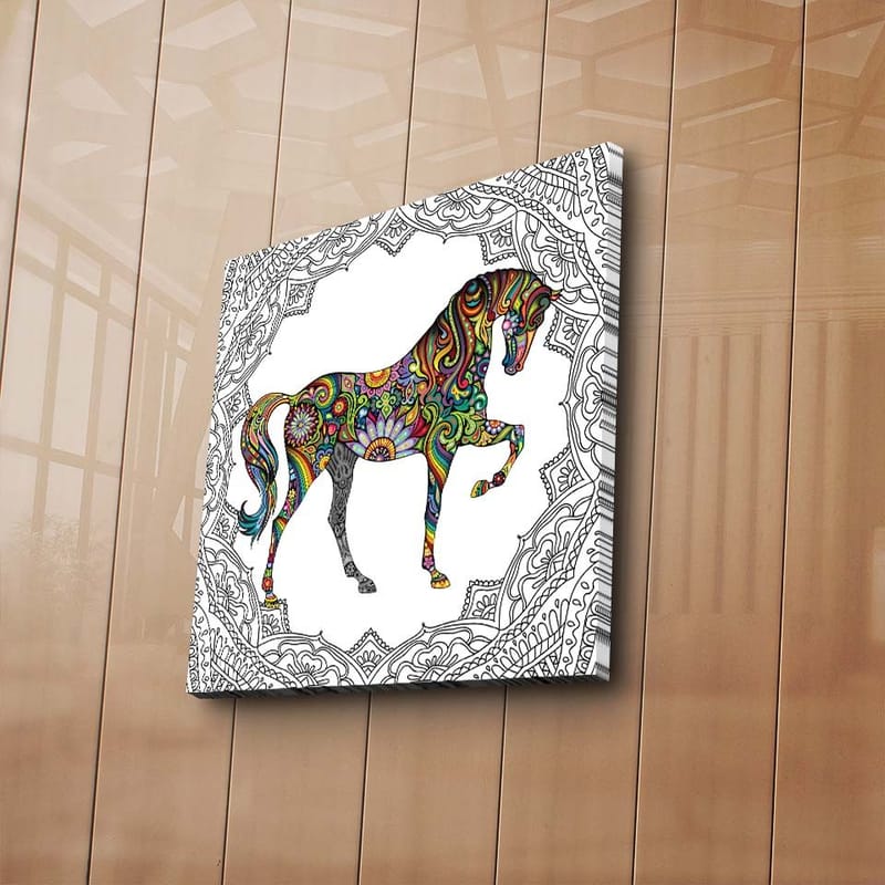 Canvastaulu 45x45 cm - Värikäs hevosaihe kuvioin ja yksityiskohdin - Punainen / Vihreä / Sininen - Sisustustuotteet - Taulu & taide - Canvas-taulu