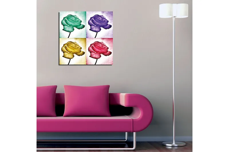 Canvastaulu 45x45 cm - Värikäs ruusu neljässä eri sävyssä - Vihreä / Violetti / Keltainen - Sisustustuotteet - Taulu & taide - Canvas-taulu