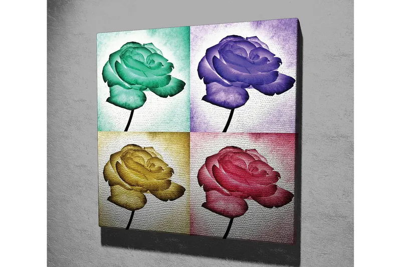 Canvastaulu 45x45 cm - Värikäs ruusu neljässä eri sävyssä - Vihreä / Violetti / Keltainen - Sisustustuotteet - Taulu & taide - Canvas-taulu