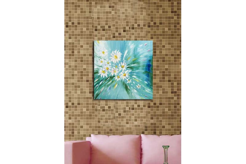 Canvastaulu 45x45 cm - Värikäs päivänkakkaroiden kimppu dynaamisessa sommitelmassa - Vaaleansininen / Valkoinen / Keltainen - Sisustustuotteet - Taulu & taide - Canvas-taulu
