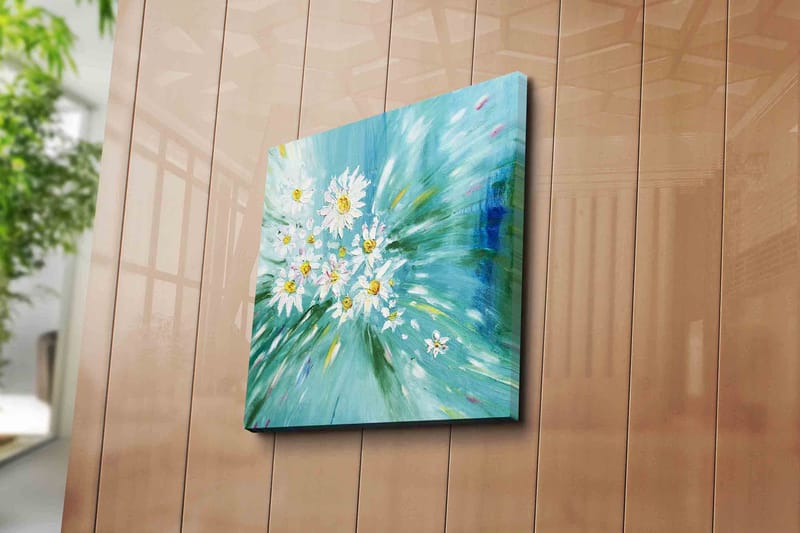 Canvastaulu 45x45 cm - Värikäs päivänkakkaroiden kimppu dynaamisessa sommitelmassa - Vaaleansininen / Valkoinen / Keltainen - Sisustustuotteet - Taulu & taide - Canvas-taulu