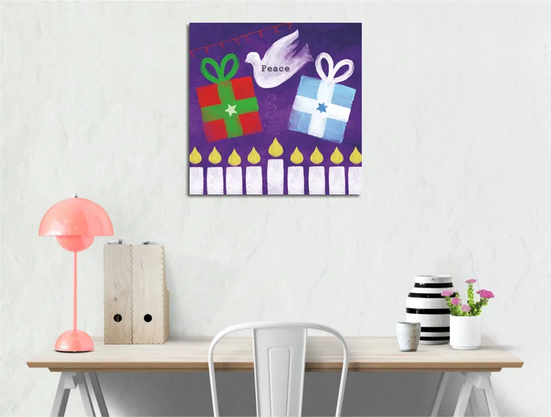 Canvastaulu 45x45 cm - Värikkäitä lahjoja leikkisässä sommitelmassa, jossa on rauhankyyhky, Vihreä / Punainen / Violetti