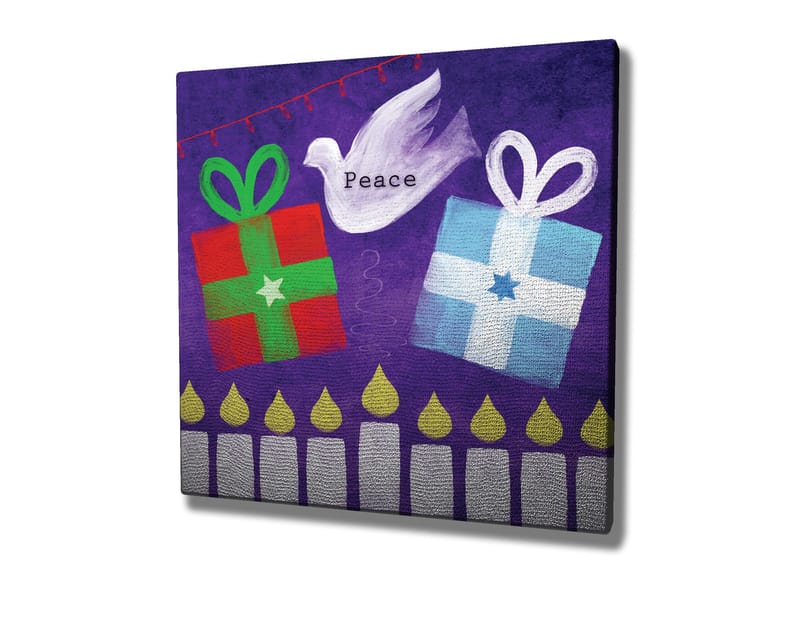 Canvastaulu 45x45 cm - Värikkäitä lahjoja leikkisässä sommitelmassa, jossa on rauhankyyhky - Vihreä / Punainen / Violetti - Sisustustuotteet - Taulu & taide - Canvas-taulu