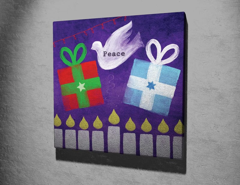 Canvastaulu 45x45 cm - Värikkäitä lahjoja leikkisässä sommitelmassa, jossa on rauhankyyhky - Vihreä / Punainen / Violetti - Sisustustuotteet - Taulu & taide - Canvas-taulu