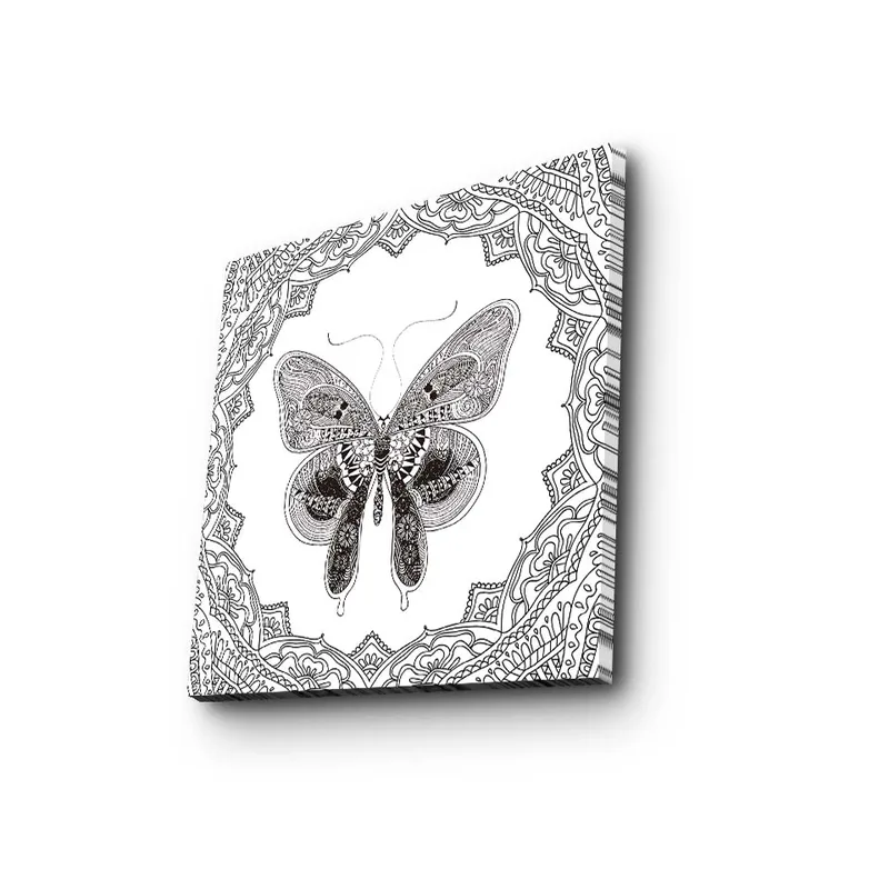 Canvastaulu 45x45 cm - Yksityiskohtainen mustavalkoinen perhonen koristekuvioin, Musta / Valkoinen