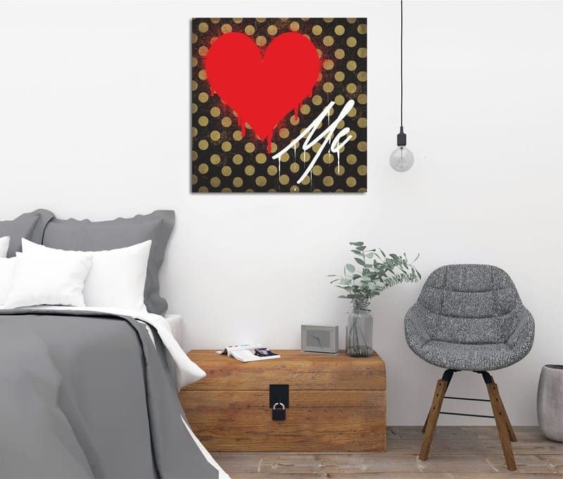 Canvastaulu 45x45 cm - Punainen sydän tekstillä Me mustalla taustalla kultaisilla pisteillä, Punainen / Musta / Kulta