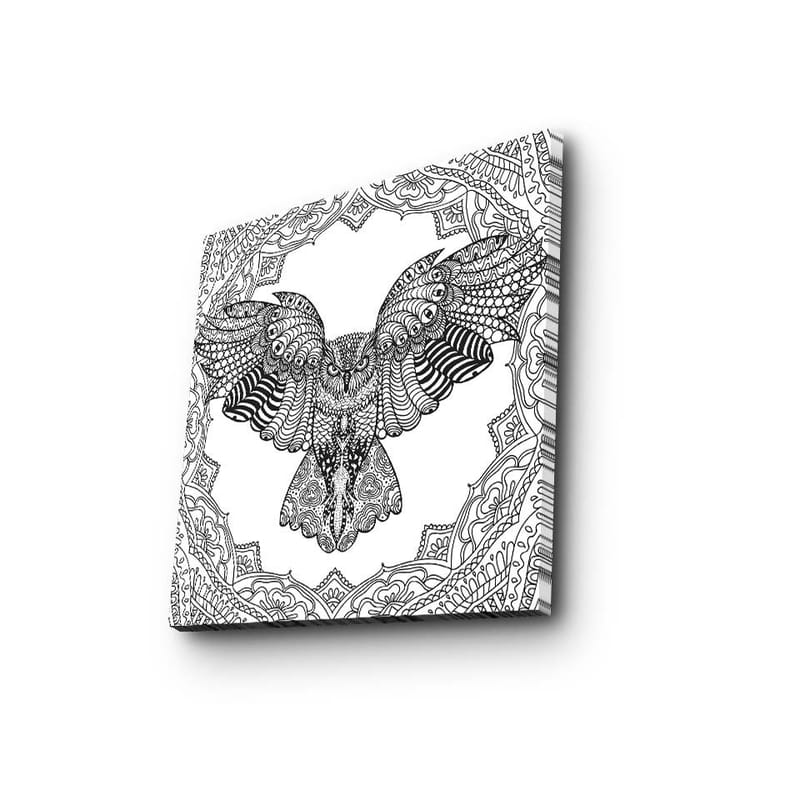 Canvastaulu 45x45 cm - Pöllö yksityiskohtaisella kuviolla mustavalkoinen, Musta / Valkoinen