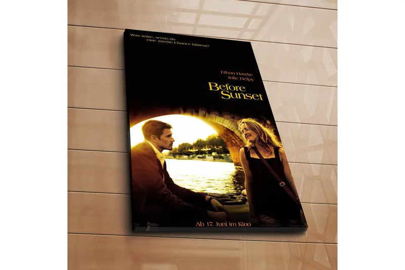 Canvastaulu 45x70 cm - Romanttinen kohtaus kahden ihmisen välillä sillalla auringonlaskun valossa, Kulta / Musta / Ruskea