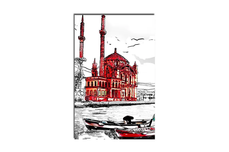 Canvastaulu 45x70 cm - Vaikuttava moskeija punaisilla yksityiskohdilla veden äärellä, Punainen / Musta / Valkoinen