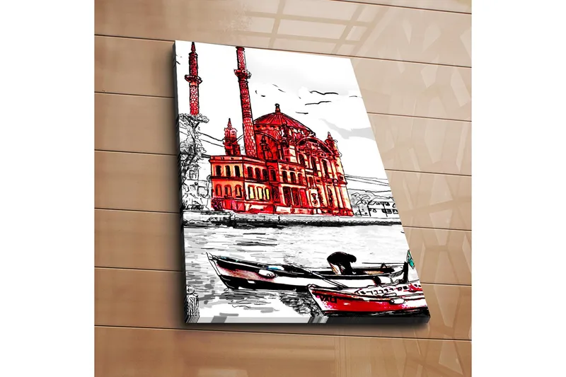 Canvastaulu 45x70 cm - Vaikuttava moskeija punaisilla yksityiskohdilla veden äärellä - Punainen / Musta / Valkoinen - Sisustustuotteet - Taulu & taide - Canvas-taulu