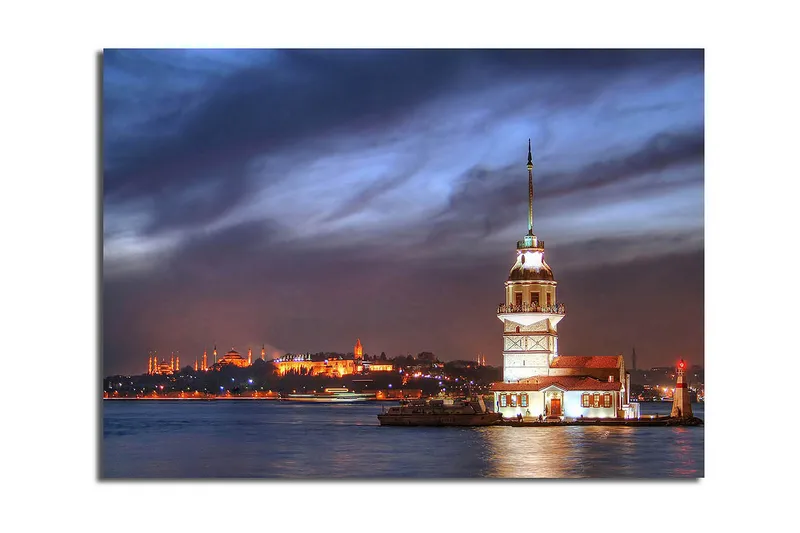 Canvastaulu 70x45 cm - Kaunis majakka veden äärellä dramaattisella taivaalla taustalla, Tummansininen / Valkoinen / Oranssi