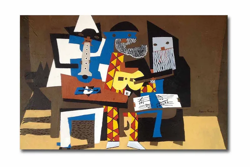 Canvastaulu 70x45 cm - Kolme muusikkoa värikkäässä sommitelmassa, Sininen / Punainen / Ruskea