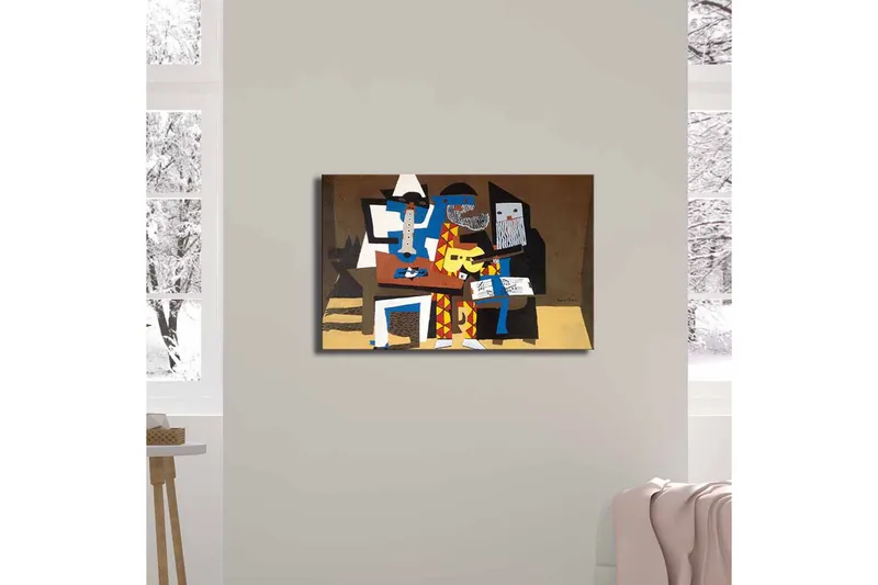 Canvastaulu 70x45 cm - Kolme muusikkoa värikkäässä sommitelmassa - Sininen / Punainen / Ruskea - Sisustustuotteet - Taulu & taide - Canvas-taulu