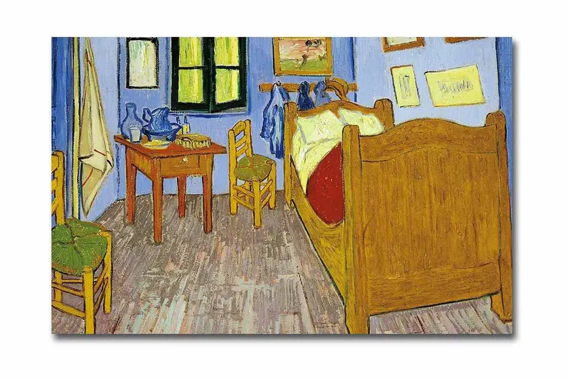 Canvastaulu 70x45 cm - Kutsuva makuuhuone sängyllä ja puisilla huonekaluilla, Sininen / Keltainen / Ruskea