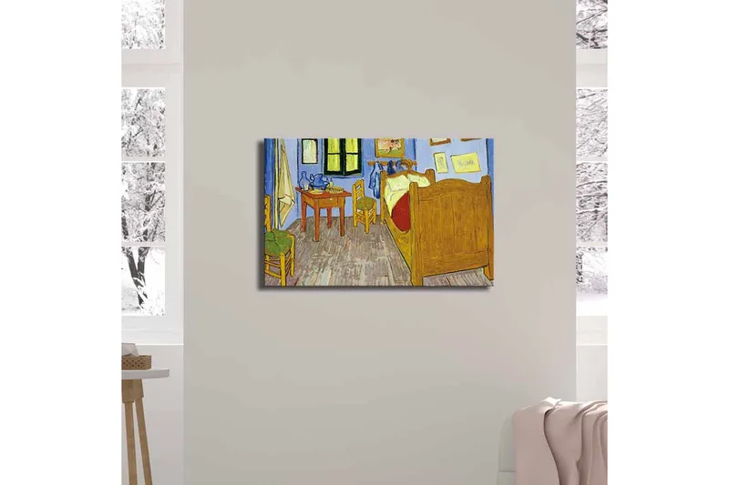 Canvastaulu 70x45 cm - Kutsuva makuuhuone sängyllä ja puisilla huonekaluilla - Sininen / Keltainen / Ruskea - Sisustustuotteet - Taulu & taide - Canvas-taulu