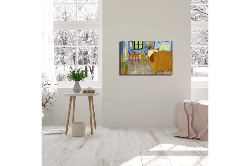 Canvastaulu 70x45 cm - Kutsuva makuuhuone sängyllä ja puisilla huonekaluilla - Sininen / Keltainen / Ruskea - Sisustustuotteet - Taulu & taide - Canvas-taulu