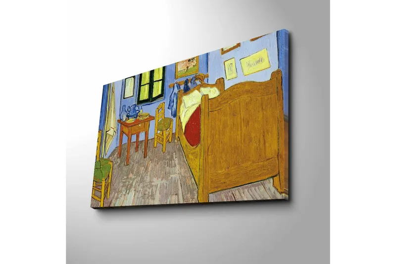 Canvastaulu 70x45 cm - Kutsuva makuuhuone sängyllä ja puisilla huonekaluilla - Sininen / Keltainen / Ruskea - Sisustustuotteet - Taulu & taide - Canvas-taulu