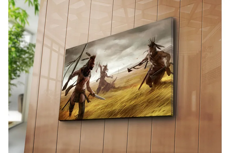 Canvastaulu 70x45 cm - Sotureita toiminnassa kultaisella ruohoalueella, Kulta / Ruskea / Harmaa