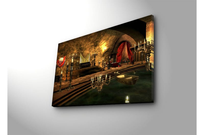 Canvastaulu 70x45 cm - Synkkä ja salaperäinen sisustus, jossa on elegantti piano ja kattokruunut - Tummanpunainen / Kulta / Vihreä - Sisustustuotteet - Taulu & taide - Canvas-taulu