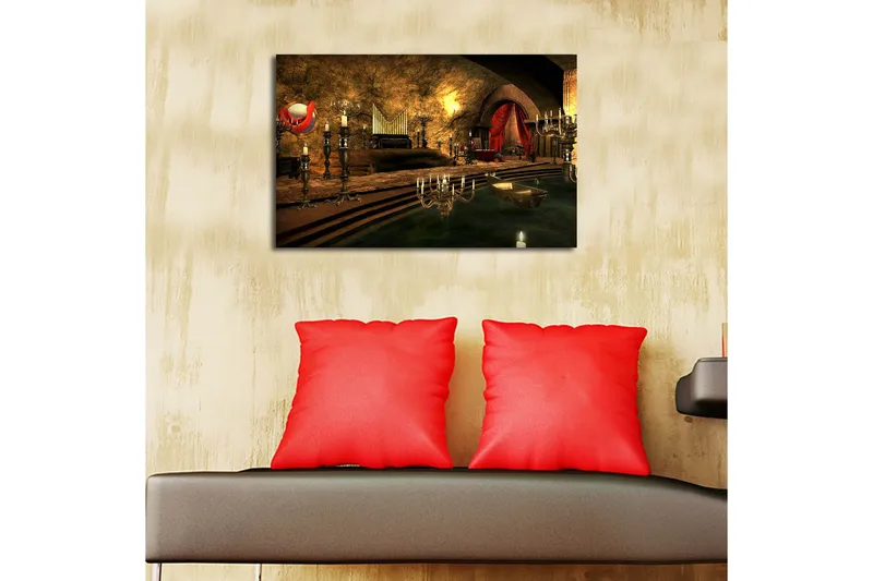 Canvastaulu 70x45 cm - Synkkä ja salaperäinen sisustus, jossa on elegantti piano ja kattokruunut - Tummanpunainen / Kulta / Vihreä - Sisustustuotteet - Taulu & taide - Canvas-taulu