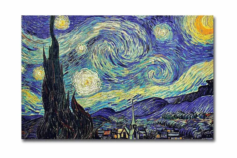 Canvastaulu 70x45 cm - Tähtikirkas yö pyörteilevillä pilvillä ja sypressi etualalla, Tummansininen / Keltainen / Vihreä