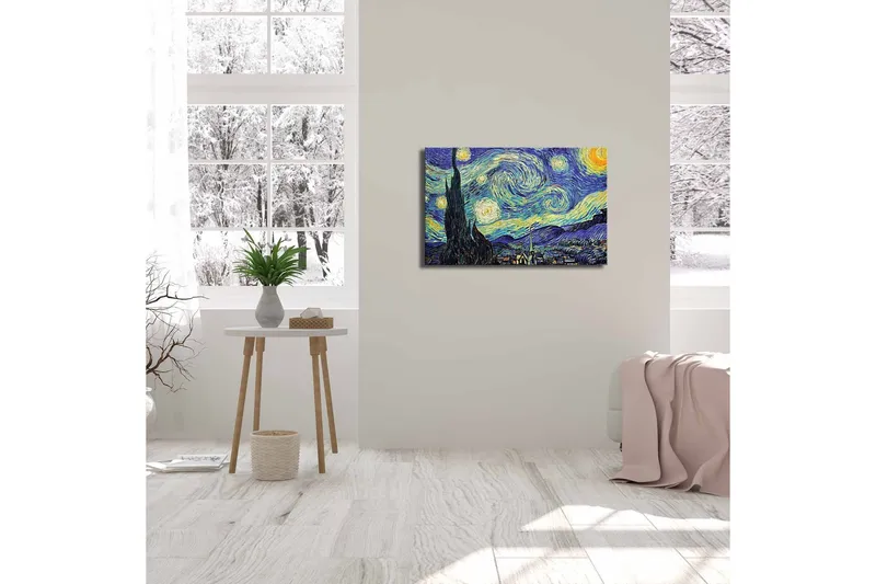 Canvastaulu 70x45 cm - Tähtikirkas yö pyörteilevillä pilvillä ja sypressi etualalla - Tummansininen / Keltainen / Vihreä - Sisustustuotteet - Taulu & taide - Canvas-taulu