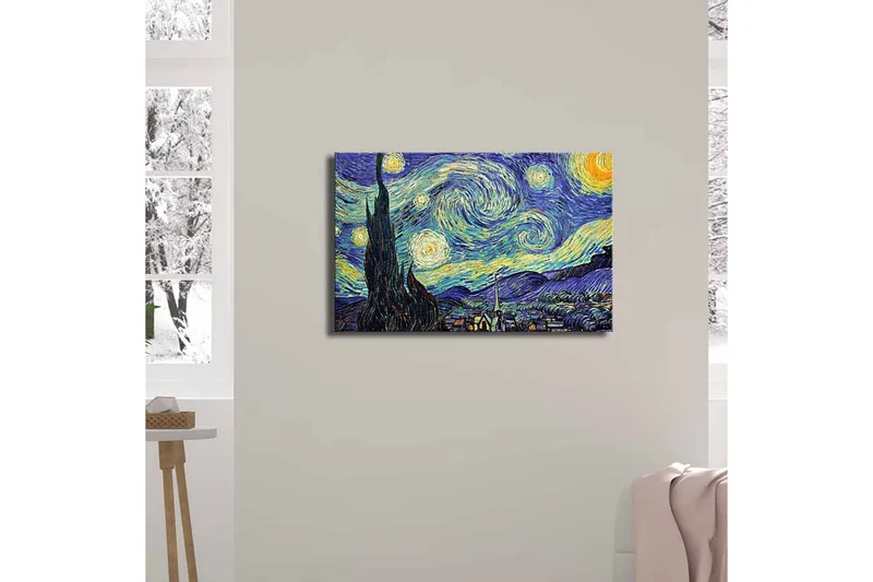 Canvastaulu 70x45 cm - Tähtikirkas yö pyörteilevillä pilvillä ja sypressi etualalla - Tummansininen / Keltainen / Vihreä - Sisustustuotteet - Taulu & taide - Canvas-taulu