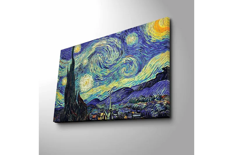 Canvastaulu 70x45 cm - Tähtikirkas yö pyörteilevillä pilvillä ja sypressi etualalla - Tummansininen / Keltainen / Vihreä - Sisustustuotteet - Taulu & taide - Canvas-taulu