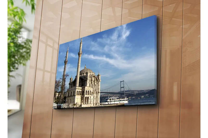 Canvastaulu 70x45 cm - Upea moskeija veden äärellä ja taustalla silta - Harmaa / Beige / Sininen - Sisustustuotteet - Taulu & taide - Canvas-taulu