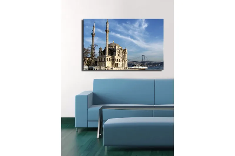 Canvastaulu 70x45 cm - Upea moskeija veden äärellä ja taustalla silta - Harmaa / Beige / Sininen - Sisustustuotteet - Taulu & taide - Canvas-taulu