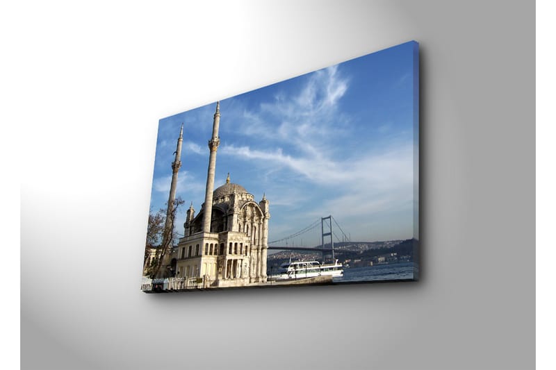 Canvastaulu 70x45 cm - Upea moskeija veden äärellä ja taustalla silta - Harmaa / Beige / Sininen - Sisustustuotteet - Taulu & taide - Canvas-taulu