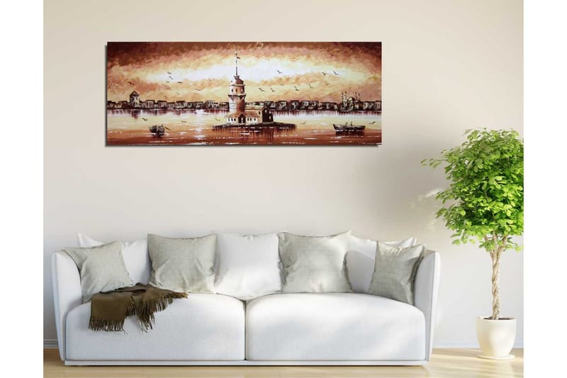 Canvastaulu 80x30 cm - Kaunis majakka saarella auringonlaskun taustalla - Beige / Ruskea / Valkoinen - Sisustustuotteet - Taulu & taide - Canvas-taulu