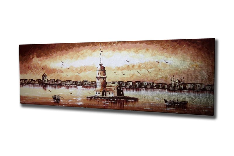 Canvastaulu 80x30 cm - Kaunis majakka saarella auringonlaskun taustalla - Beige / Ruskea / Valkoinen - Sisustustuotteet - Taulu & taide - Canvas-taulu