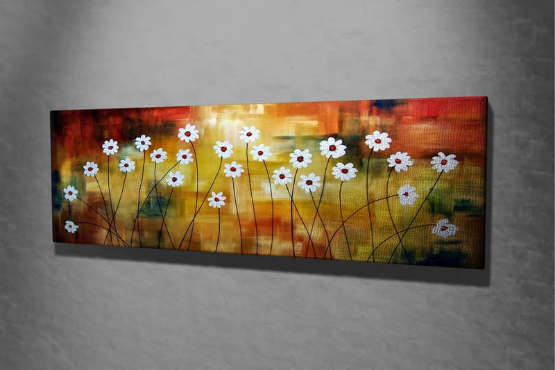Canvastaulu 80x30 cm - Kukkaniitty valkoisilla kukilla ja punaisilla keskustoilla värikkäällä taustalla - Valkoinen / Punainen / Oranssi - Sisustustuotteet - Taulu & taide - Canvas-taulu