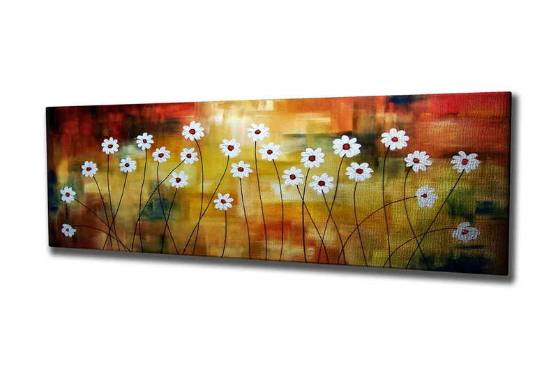 Canvastaulu 80x30 cm - Kukkaniitty valkoisilla kukilla ja punaisilla keskustoilla värikkäällä taustalla - Valkoinen / Punainen / Oranssi - Sisustustuotteet - Taulu & taide - Canvas-taulu