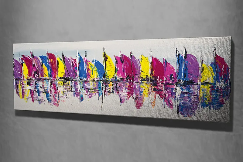 Canvastaulu 80x30 cm - Värikkäät purjeveneet rivissä vedessä - Vaaleanpunainen / Keltainen / Sininen - Sisustustuotteet - Taulu & taide - Canvas-taulu