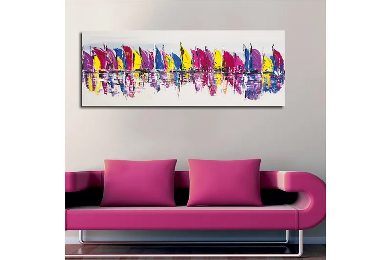 Canvastaulu 80x30 cm - Värikkäät purjeveneet rivissä vedessä - Vaaleanpunainen / Keltainen / Sininen - Sisustustuotteet - Taulu & taide - Canvas-taulu