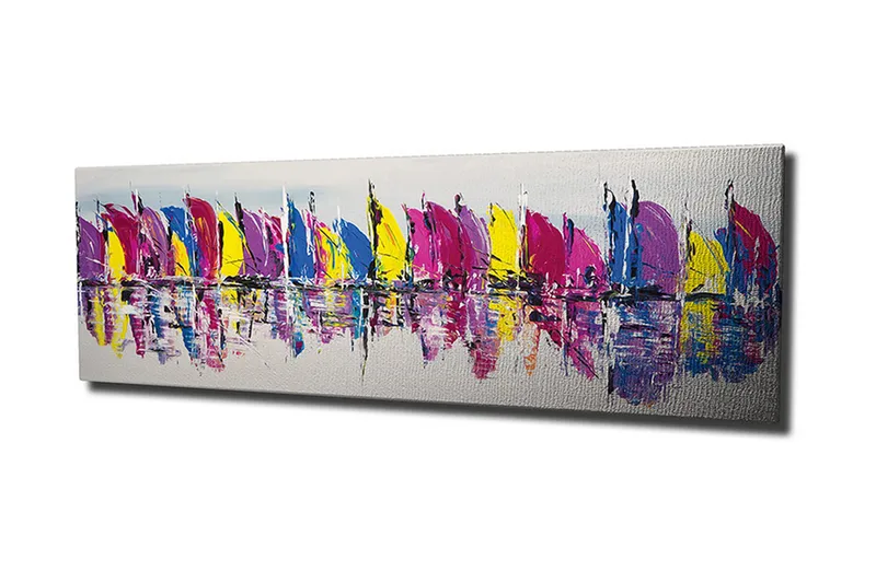 Canvastaulu 80x30 cm - Värikkäät purjeveneet rivissä vedessä - Vaaleanpunainen / Keltainen / Sininen - Sisustustuotteet - Taulu & taide - Canvas-taulu