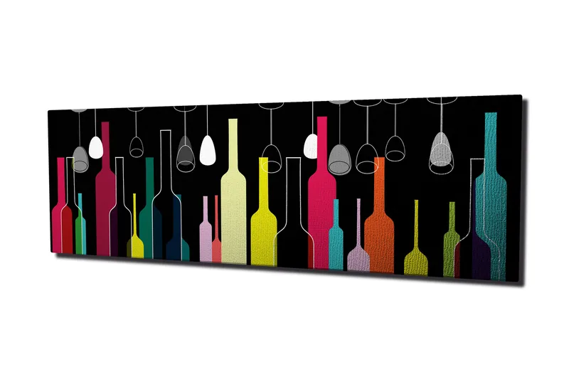 Canvastaulu 80x30 cm - Värikkäät pullot ja viinilasit mustalla taustalla - Vaaleanpunainen / Keltainen / Turkoosi - Sisustustuotteet - Taulu & taide - Canvas-taulu