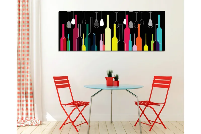Canvastaulu 80x30 cm - Värikkäät pullot ja viinilasit mustalla taustalla - Vaaleanpunainen / Keltainen / Turkoosi - Sisustustuotteet - Taulu & taide - Canvas-taulu