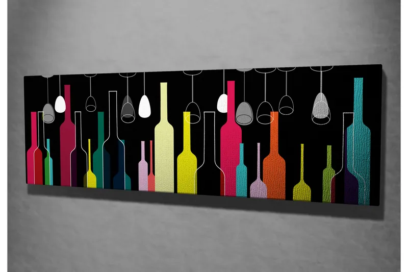Canvastaulu 80x30 cm - Värikkäät pullot ja viinilasit mustalla taustalla - Vaaleanpunainen / Keltainen / Turkoosi - Sisustustuotteet - Taulu & taide - Canvas-taulu