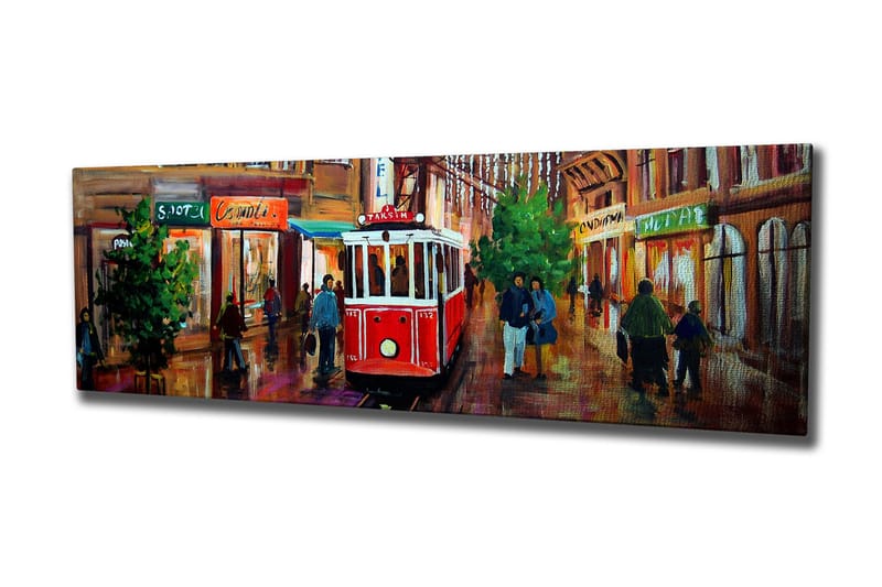 Canvastaulu 80x30 cm - Punainen raitiovaunu vilkkaalla kadulla, jossa on ihmisiä ja kauppoja - Punainen / Vihreä / Ruskea - Sisustustuotteet - Taulu & taide - Canvas-taulu